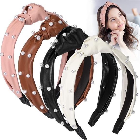 4 Pcs PU Leather Headbands for Women Non Slip Cross Knotted Headbands Thick